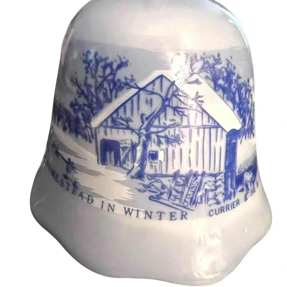 CURRIER & IVES Blue White Vintage Porcelain Bell The Old Homestead In Winter 5.5